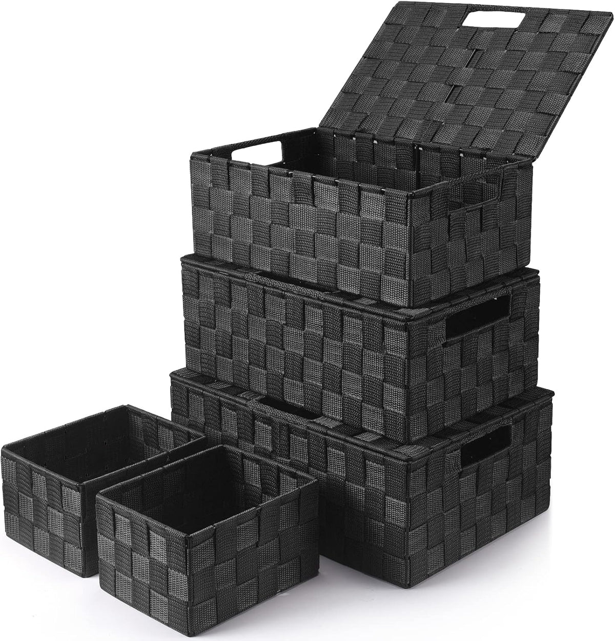 Storage Baskets with Lids: 5 Pack Stackable Woven Storage Bins, Black | Decorative Woven Baskets for Organizing with Built-In Handles for Shelves, Closets, Cabinets and Cubbies, Gift Small Basket - Field & Nook