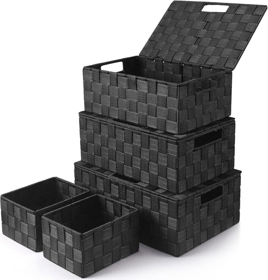 Storage Baskets with Lids: 5 Pack Stackable Woven Storage Bins, Black | Decorative Woven Baskets for Organizing with Built-In Handles for Shelves, Closets, Cabinets and Cubbies, Gift Small Basket - Field & Nook