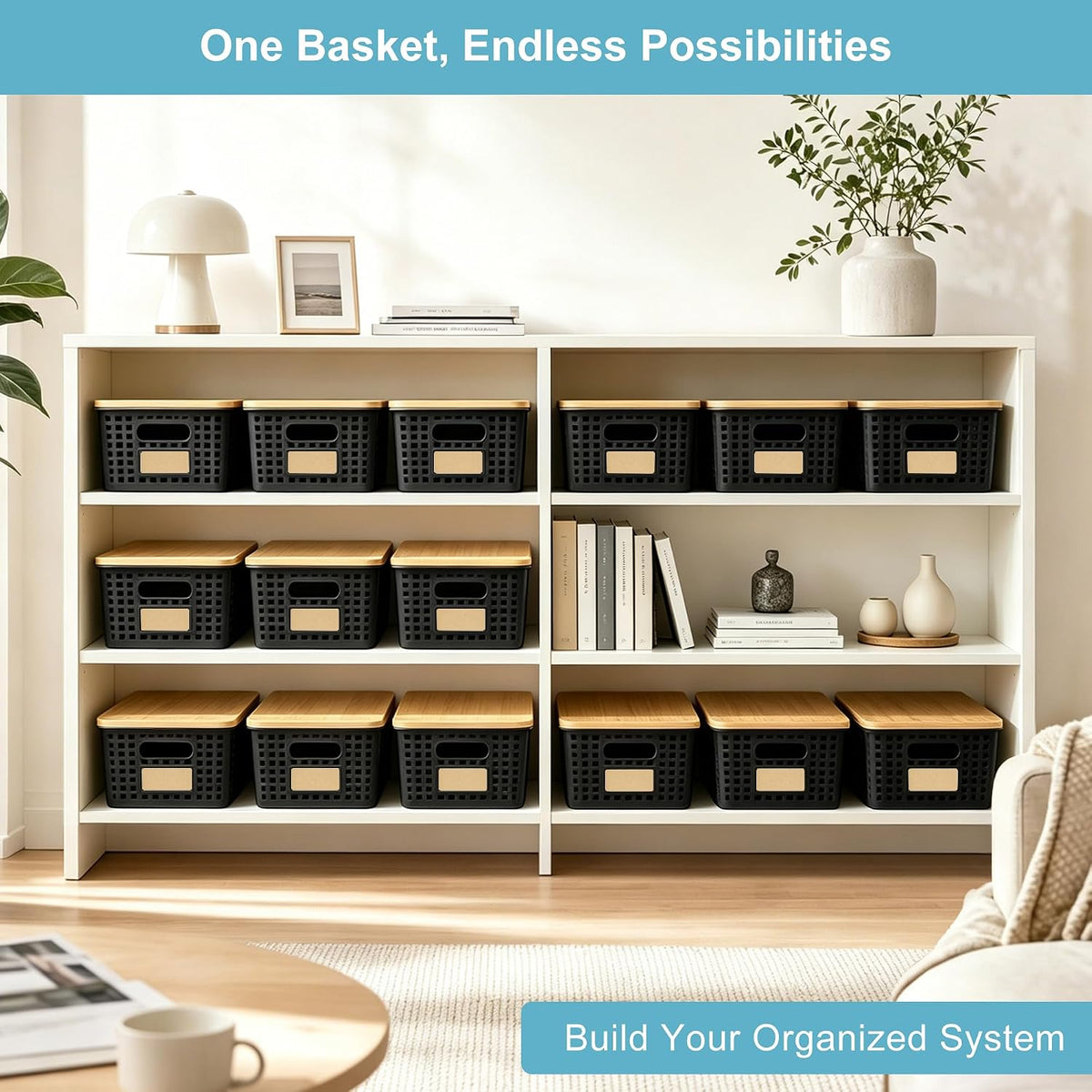 Small Plastic Storage Bins with Bamboo Lids 5.2qt Stackable Box Basket Pantry Decorative Containers Cute with Lable for Organizing Desktop Closet Office Black of 6 packs 10 * 7.2 * 4.1" - Field & Nook