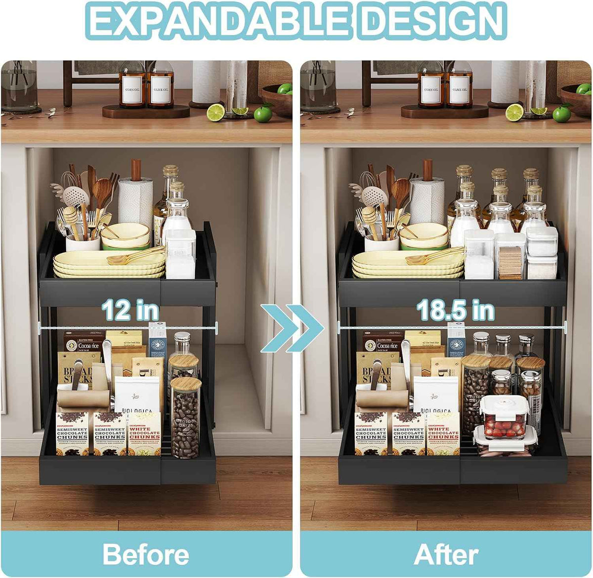 2-Tier Expandable Pull Out Cabinet Organizer, 16"D, Black