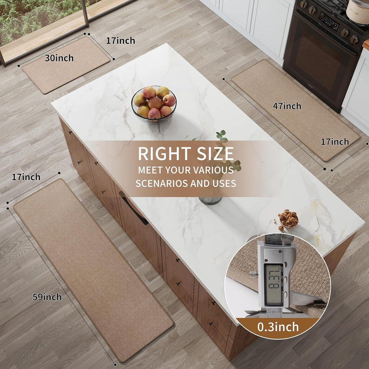 Kitchen Rugs Kitchen Mats for Floor Non Slip Washable Brown 17"x30" | Linen-Look 0.3" Thick Soft Cushioned Absorbent Kitchen Floor Mat Sink Mat Runner Rugs for Kitchen, Front of Sink, Easy Clean