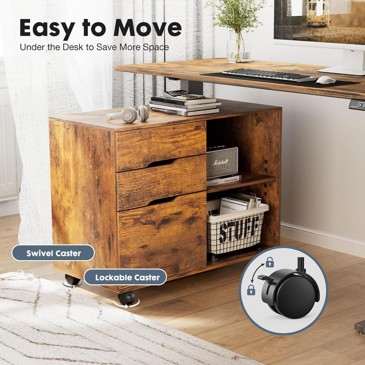 DUMOS File Cabinet with 3 Drawers, Wood Under Desk Storage Printer Stand | Rolling Lateral Filing Cabinet with Adjustable Shelves for Home Office Study Organization,Rustic - Field & Nook