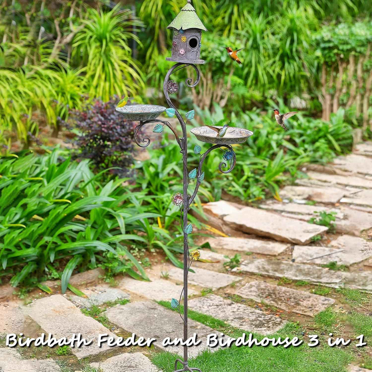 71" H Bird Baths for Outdoors, Bird Baths and Bird Houses with Pole, Metal Bird House Stake, Standing Bird Feeder and Bath Combo, Tall Birdbath with 4-Prong Stake for Outside Garden Decor