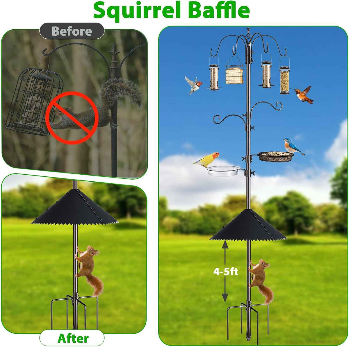 94-Inch Bird Feeding Station Kit, 6-Hook Pole with Squirrel Baffle | Bird Bath Bowl, Mesh Seed Tray, Freestanding 5-Prong Base, Removable Parts, Easy Assembly, for Patio, Lawn and Garden