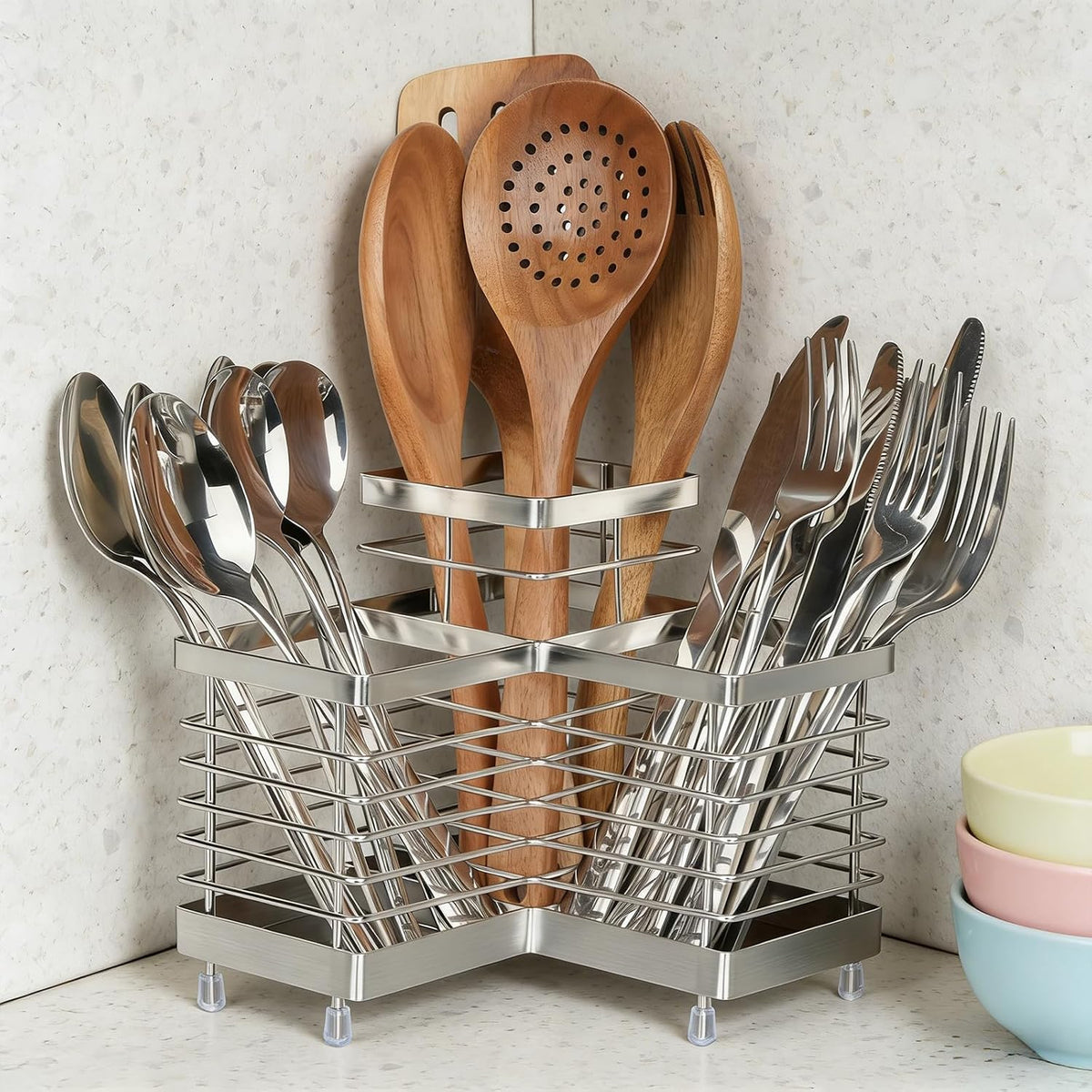 Stainless Steel Utensil Holder, 3 Compartments