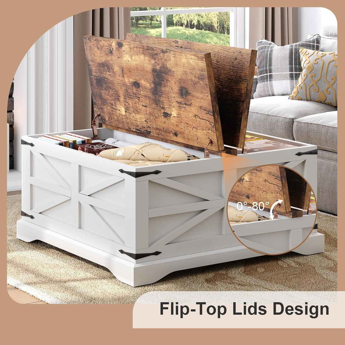 MXV Farmhouse Coffee Table with Storage, White