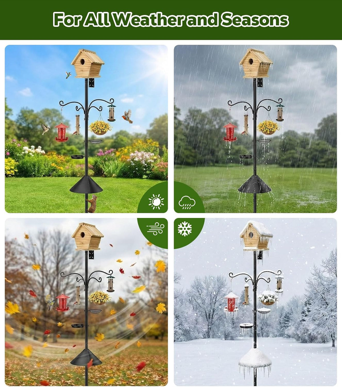 MoKo Bird Feeder Pole, 92 in Bird House Pole Squirrel Baffle 9 Prong Base | Bird Feeding Station Heavy Duty, Includes Water Bowl and Mesh Tray for Feeding, for Gardens No Bird House, Black
