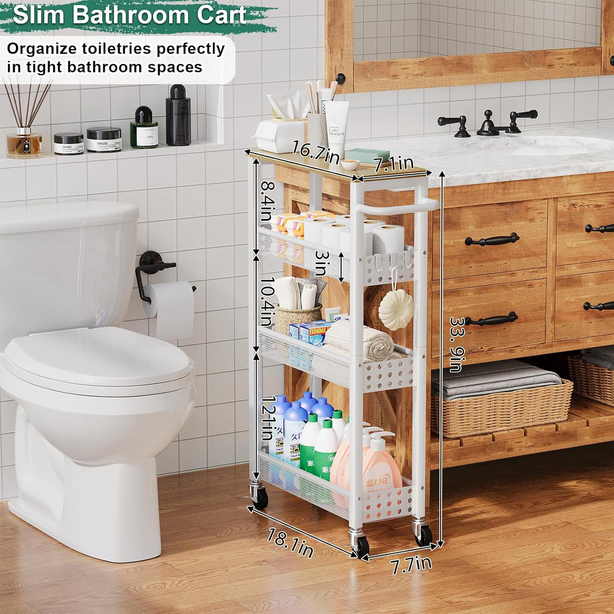 Utility Slim Rolling Cart with Table Top – Small Detergent Organizer Cabinet - Field & Nook