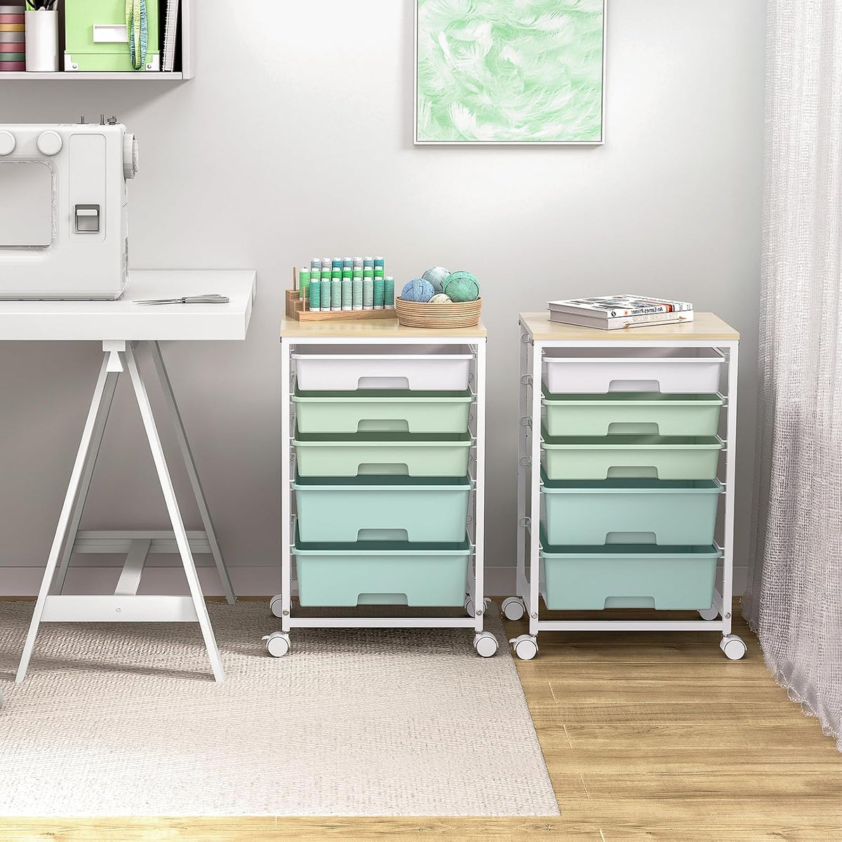 SYKIARIOL Rolling Cart with Drawers,5 Drawers Storage Cart,Light Green | 5-Tiers Utility Cart with Drawers with Lockable Wheels for Craft Organizers and Storage,Home Office,Classroom,Dorm,Playroom - Field & Nook