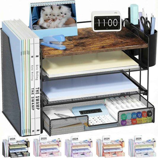 Desk Organizer, 4-Tier Desktop File Organizer with Drawer and Pen Holders, Office Desk Accessories, File Sorters, Workspace Organizers for Office Supplies(Wood)