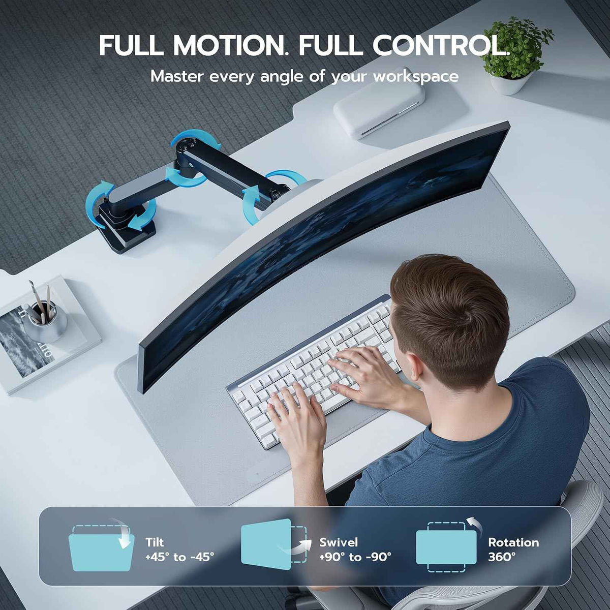 Heavy Duty Single Monitor Mount for 13"-49" Curved Screens, Black | ﻿ Gas Spring Desk Mount Stand with C Clamp/Grommet Mounting Base up to 40lbs