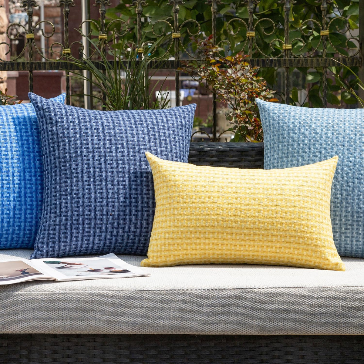 Kevin Textile Outdoor Waterproof Throw Pillow Covers Pack of 2 Weaving Texture Water Resistant Outside Decorative Cushion Covers for Garden Patio Tent Balcony Bench Couch Sofa 18x18 Inch, Navy Blue