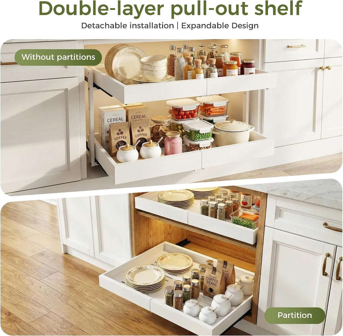 Abalter Expandable Pull Out Cabinet Organizer, 2-Tier Slide Out Drawer for Kitchen Cabinets, Adjustable Width 12–18.5", Slide Out Shelves for Kitchen, Bathroom, Pantry, Heavy Duty Caddy(White) - Field & Nook