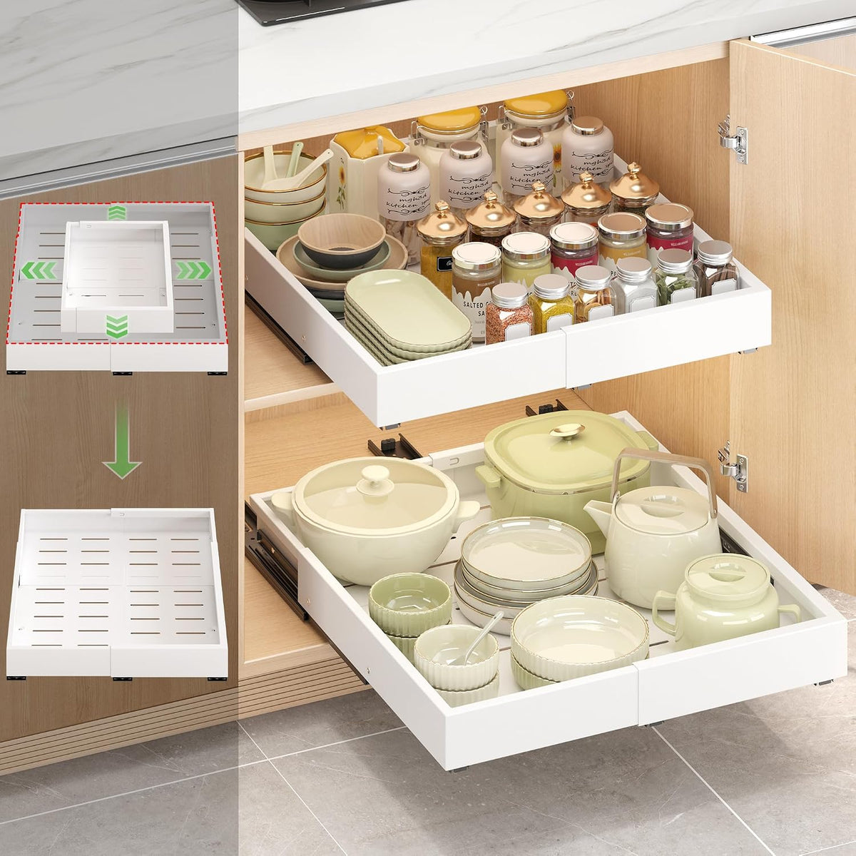 1 Pcs Pull Out Drawers for Cabinets Organizer Expandable Width(11.8"-19.4"), Depth(16.45"-21.7") With 3 Rails, No Drill Roll Out Drawer, Adhesive Sliding Drawers - Field & Nook