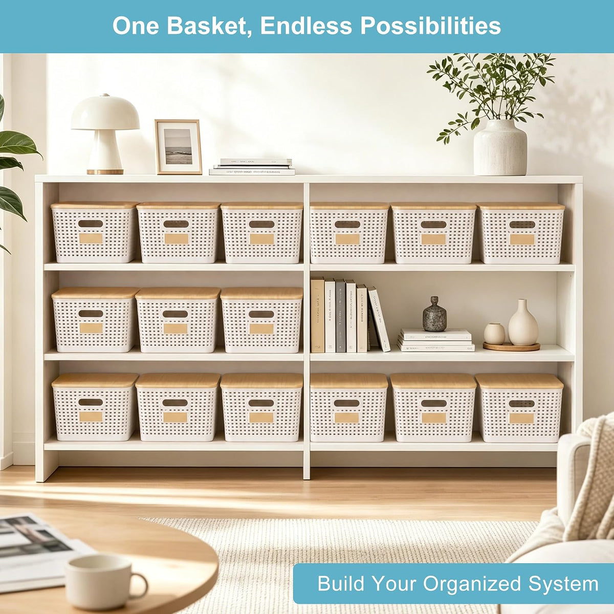 2 Pack Tall Plastic Storage Bins with Bamboo Lids, 10.8qt Stackable Storages Baskets for Organizing Desktop Closet Playroom Classroom Office, 12"L x 8.3"W x 6.1"H, Cream White - Field & Nook