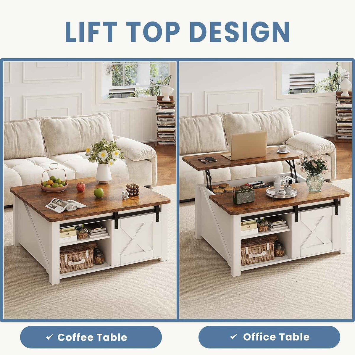 DUMOS Lift Top Coffee Table with Hidden Storage, White