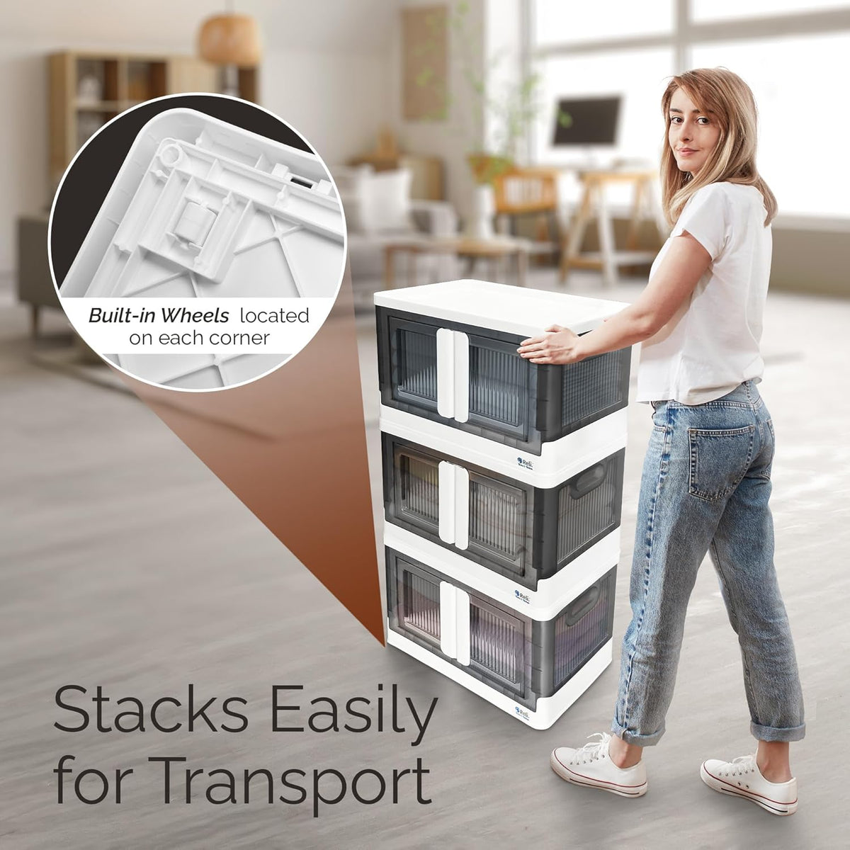 Reli. Collapsible Storage Bins 8.4 Gal (4 Pack) | Stackable Bins with Lids | Foldable containers | Portable | Clothing storage organizer, storage on wheels, plastic bins with dual-access doors - Field & Nook