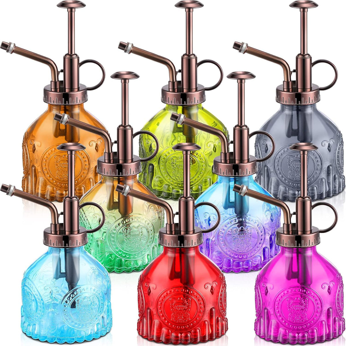 8 Pcs Glass Plant Mister Spray Bottle 200ml Vintage Plant Spritzer Multicolor Succulent Watering Bottle Watering Can 6.4'' with Plastic Top Pumps for Indoor Outdoor Succulents Garden Plants (Bronze)