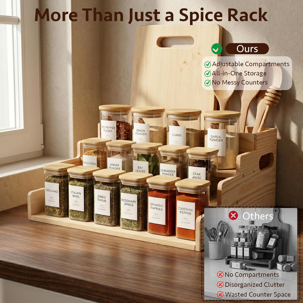 3 Tiered Wooden Spice Rack with Extra Utensil Holder and Adjustable Dividers, Spice Shelf for Spice Jars, Seasonings and Cooking Tools, Farmhouse Countertop Spice Organizer for Kitchen - Field & Nook