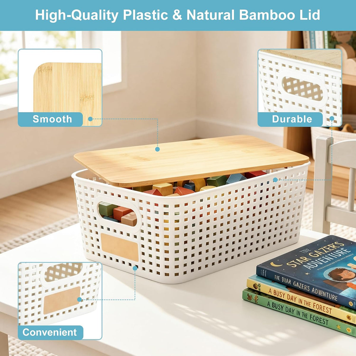 Small Plastic Storage Bins with Bamboo Lids 5.2qt Stackable Box Basket Pantry Decorative Containers Cute with Labels for Organizing Desktop Closet Office Cream White of 6 packs 10*7.2*4.1" - Field & Nook