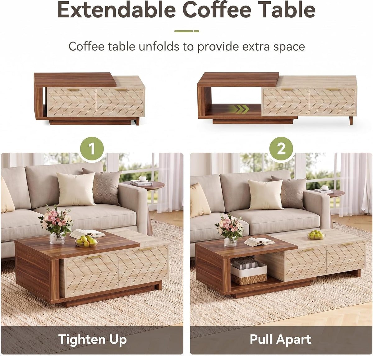 LITTLE TREE Expandable Coffee Table with 2 Drawers, Walnut & Oak