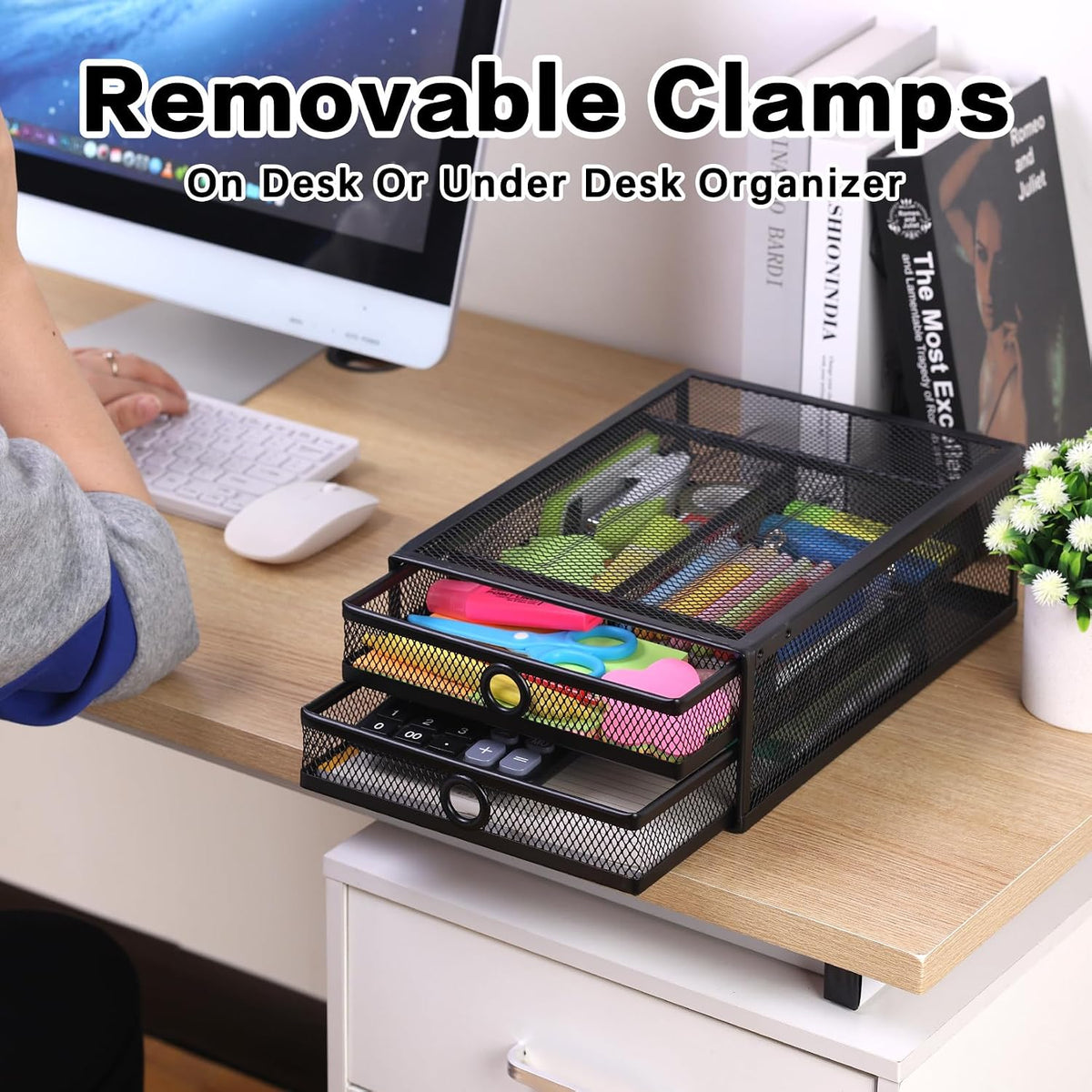 ROSYLINE Under Desk & Desktop Drawer Organizer, 2-Tier Big Capacity | Steel Construction, Clip-On No Drill Installation, Fits A4 Paper, for Office & Household Supplies - Field & Nook