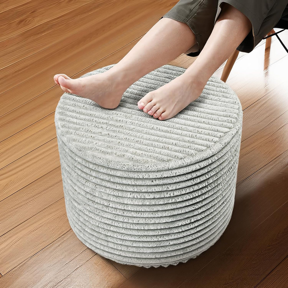 Round Boucle Pouf Ottoman – Lightweight Foam Footrest