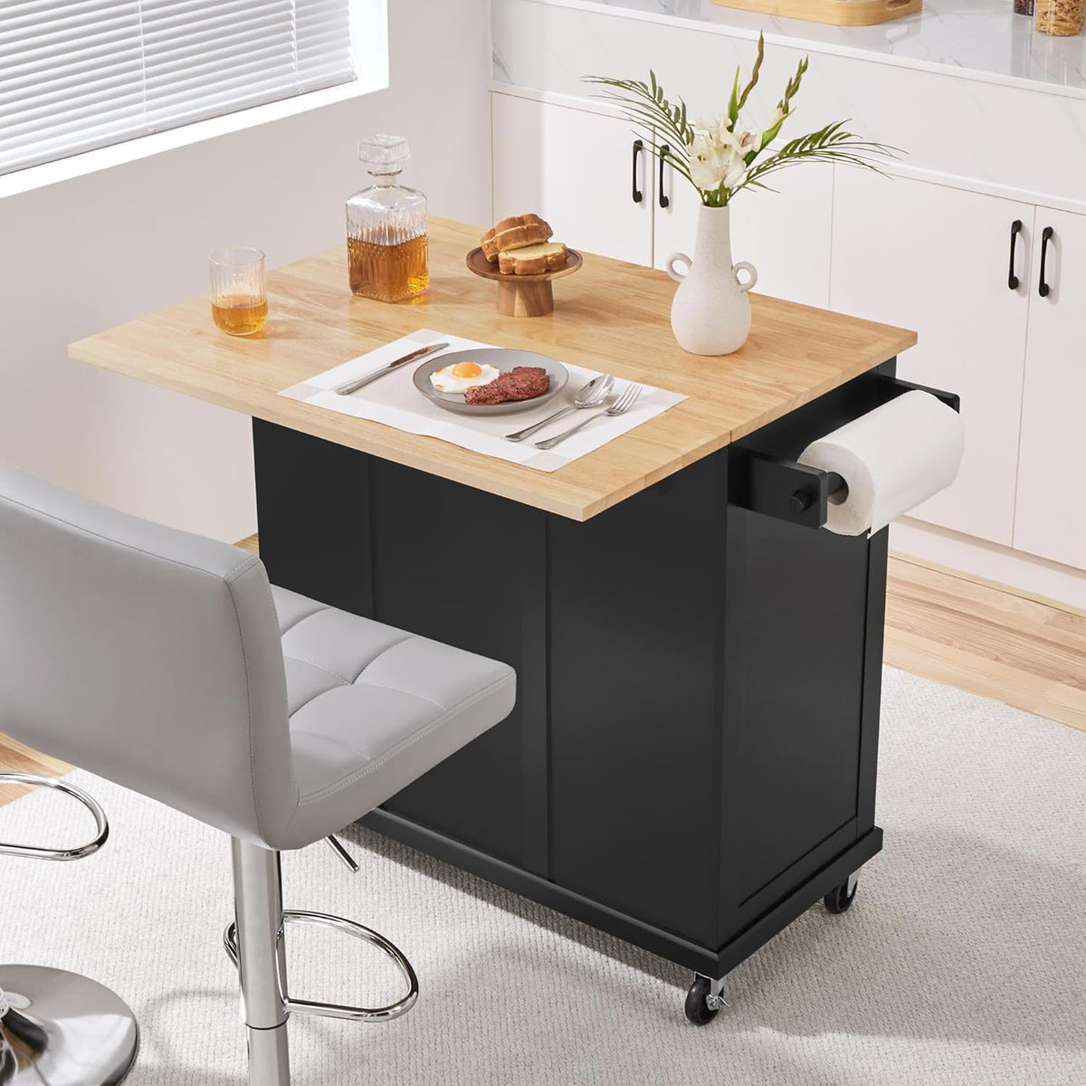 Rolling Kitchen Island Cart – Drop Leaf, Drawers, Cabinet & Towel Bar, Black