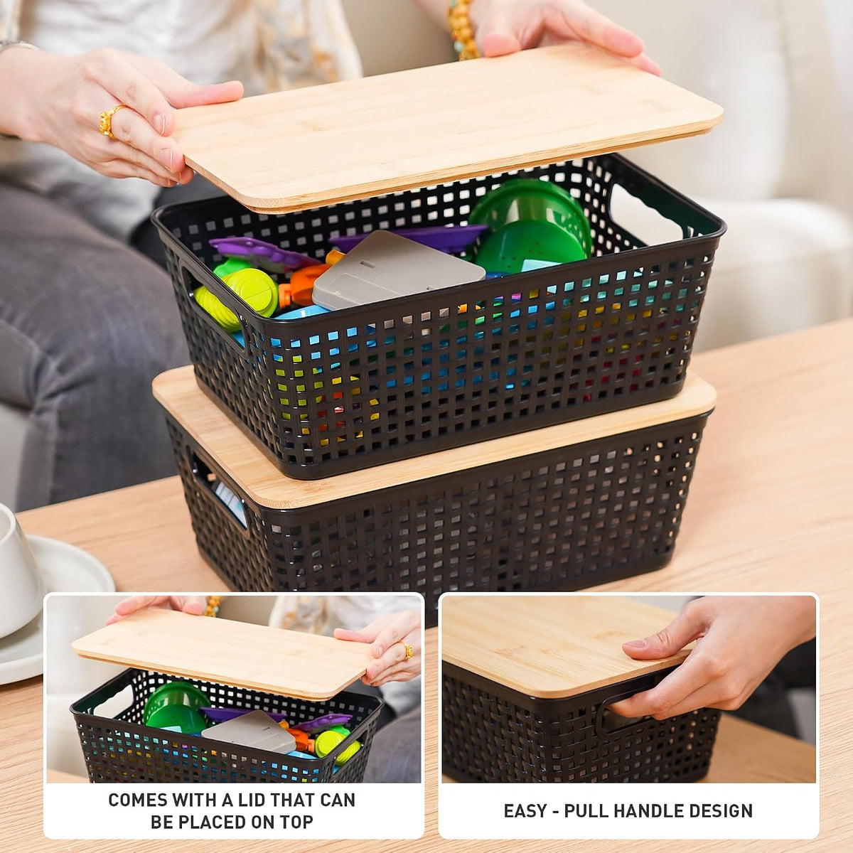 Storage Bins with Lids 6 Packs, Plastic Storage Bins with Bamboo Lids for Pantry Organization and Storage Containers for Shelves Drawers Desktop Closet Office Home, Black - Field & Nook