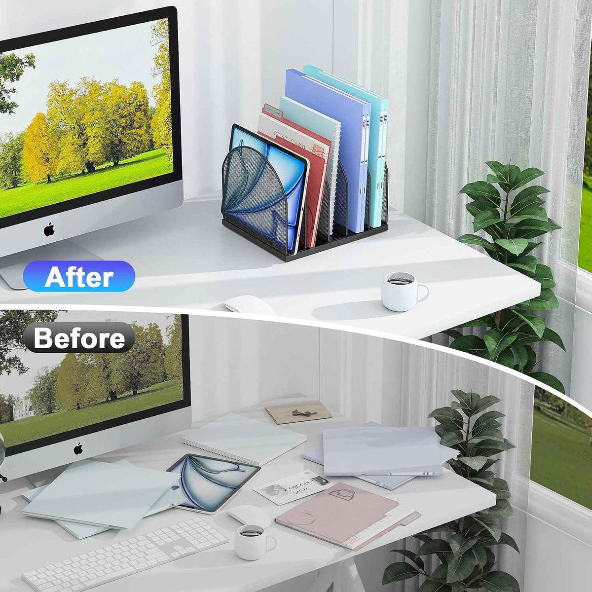 gianotter Desktop File Organizer with 5 Compartments | Desk Organizer Paper Organizer for Desk Workspace Organizers for Office Supplies (Black, Upright Style)