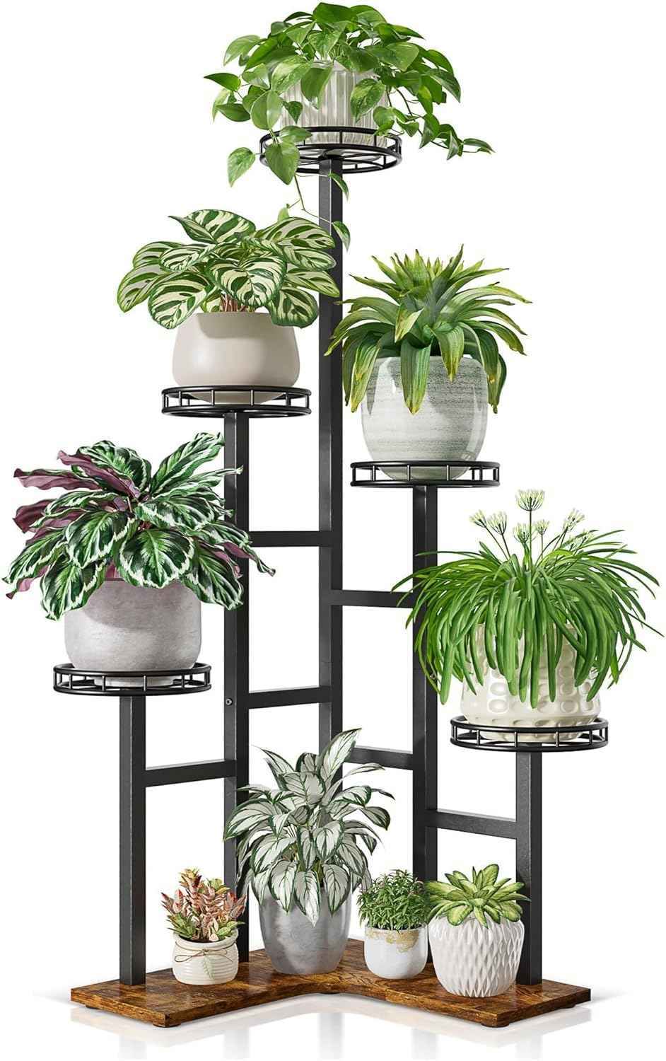 Tall Plant Stand Indoor Outdoor, 6 Tier Corner Tall Metal Wood Shelf Display Rack, Multi-tier Planter Pot Holder Flower Stand for Garden Balcony Living Room Bedroom