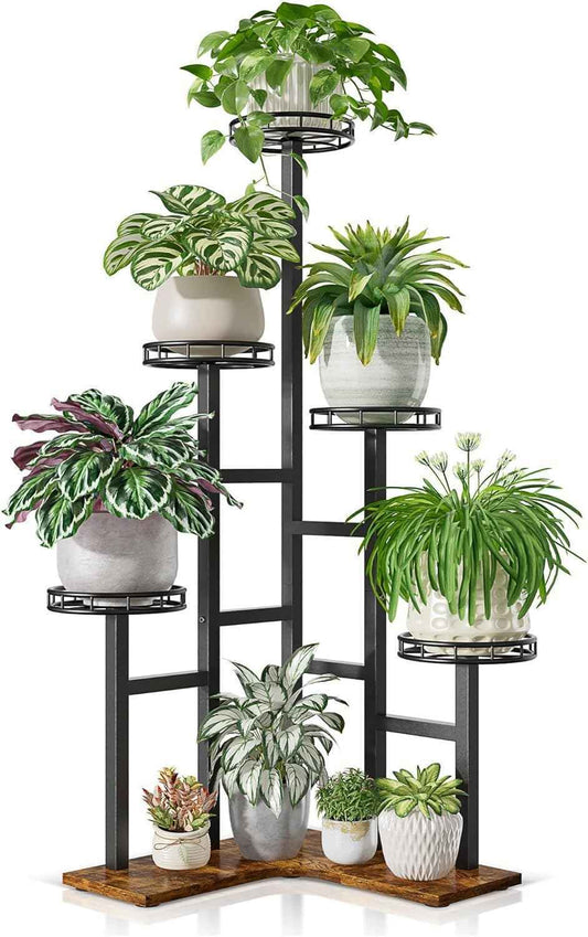 Tall Plant Stand Indoor Outdoor, 6 Tier Corner Tall Metal Wood Shelf Display Rack, Multi-tier Planter Pot Holder Flower Stand for Garden Balcony Living Room Bedroom