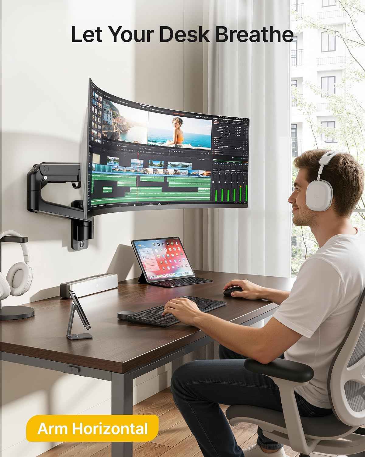 monTEK Single Monitor Wall Mount, 17–57" Gas Spring Arm, Heavy Duty, Black | Fits Max 57" Curved & Ultrawide Monitors, Holds Up To 59.4 Lbs, Full Motion Wall Mount, Compatible With 75/100mm VESA