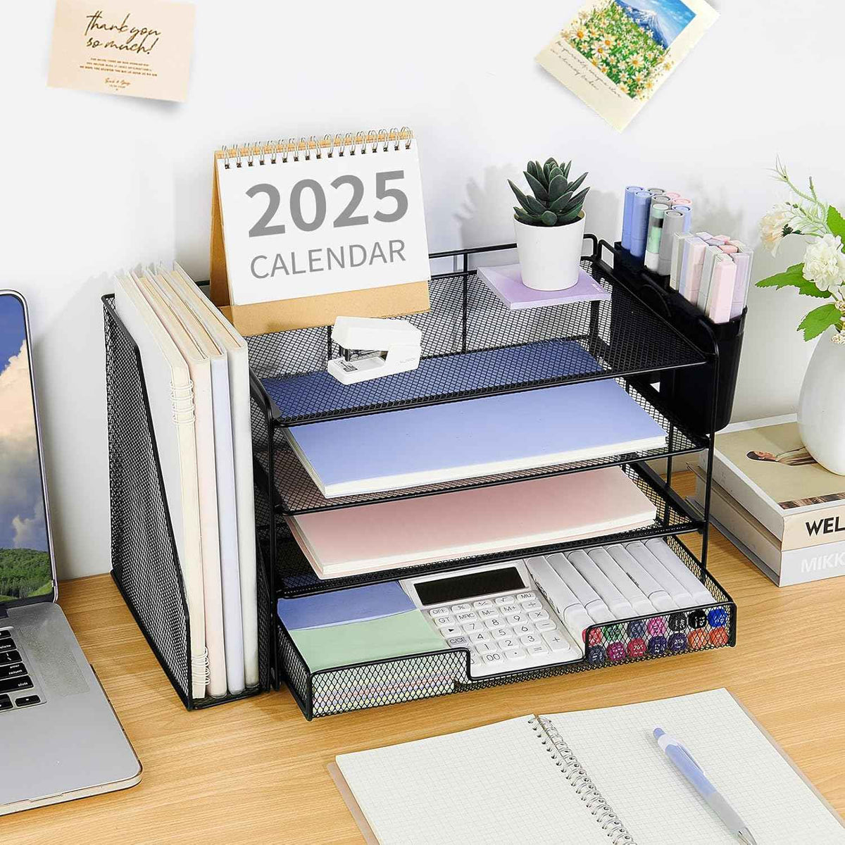 Desk Organizer, 4-Tier Desktop File Organizer with Drawer and Pen Holders, Office Desk Accessories, File Sorters, Workspace Organizers for Office Supplies(Black)