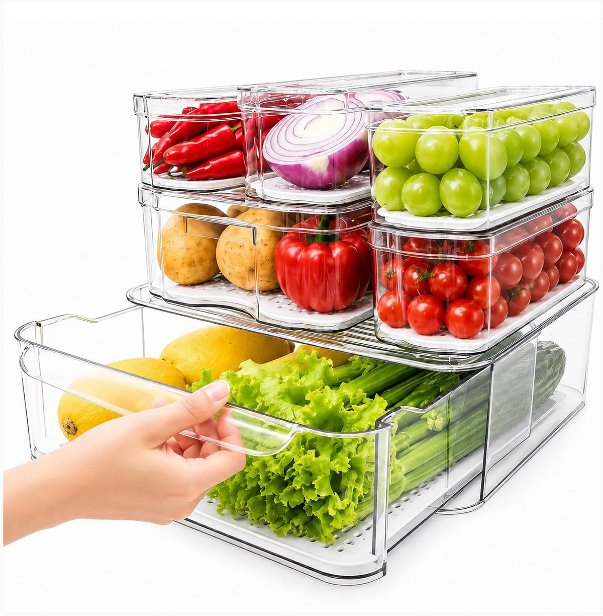 SMRCAD Clear Fridge Bins with Drain Trays - BPA-Free PET, Stackable(6 Pack) | 6 Pack: 1 Drawer + 5 lidded Bins, Helps Keep Produce Fresh, 16.3L Capacity, Hand Wash Only - Field & Nook