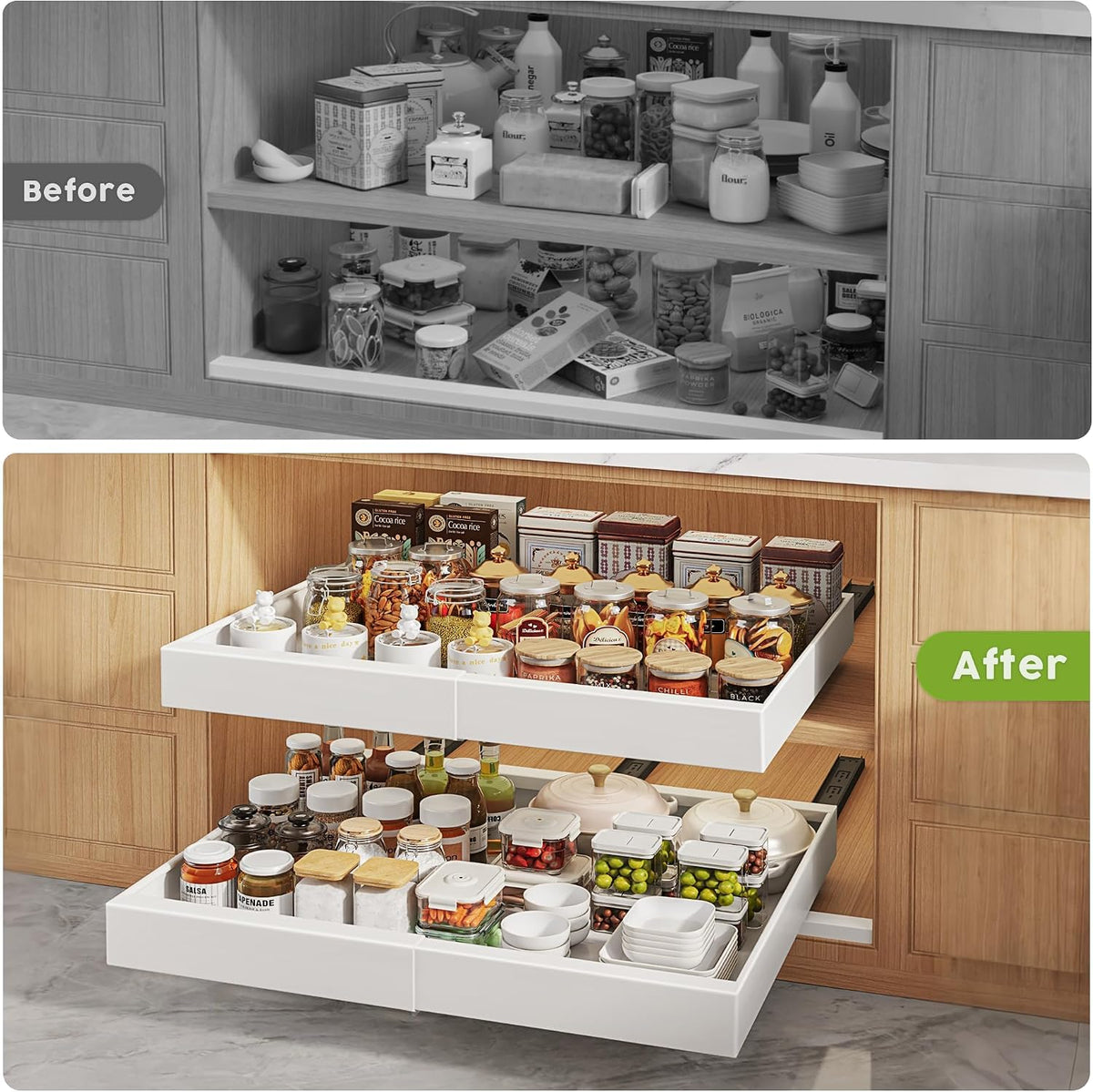 Seinloes 2 Pack Pull Out Cabinet Organizers 21"Deep with Raising Pad for Framed Cabinets,Expandable Slide Out Drawers Upgrade 3 Slide Rails,Roll Out Shelves Adhesive,Adjustable Width 12"-20.45" White - Field & Nook