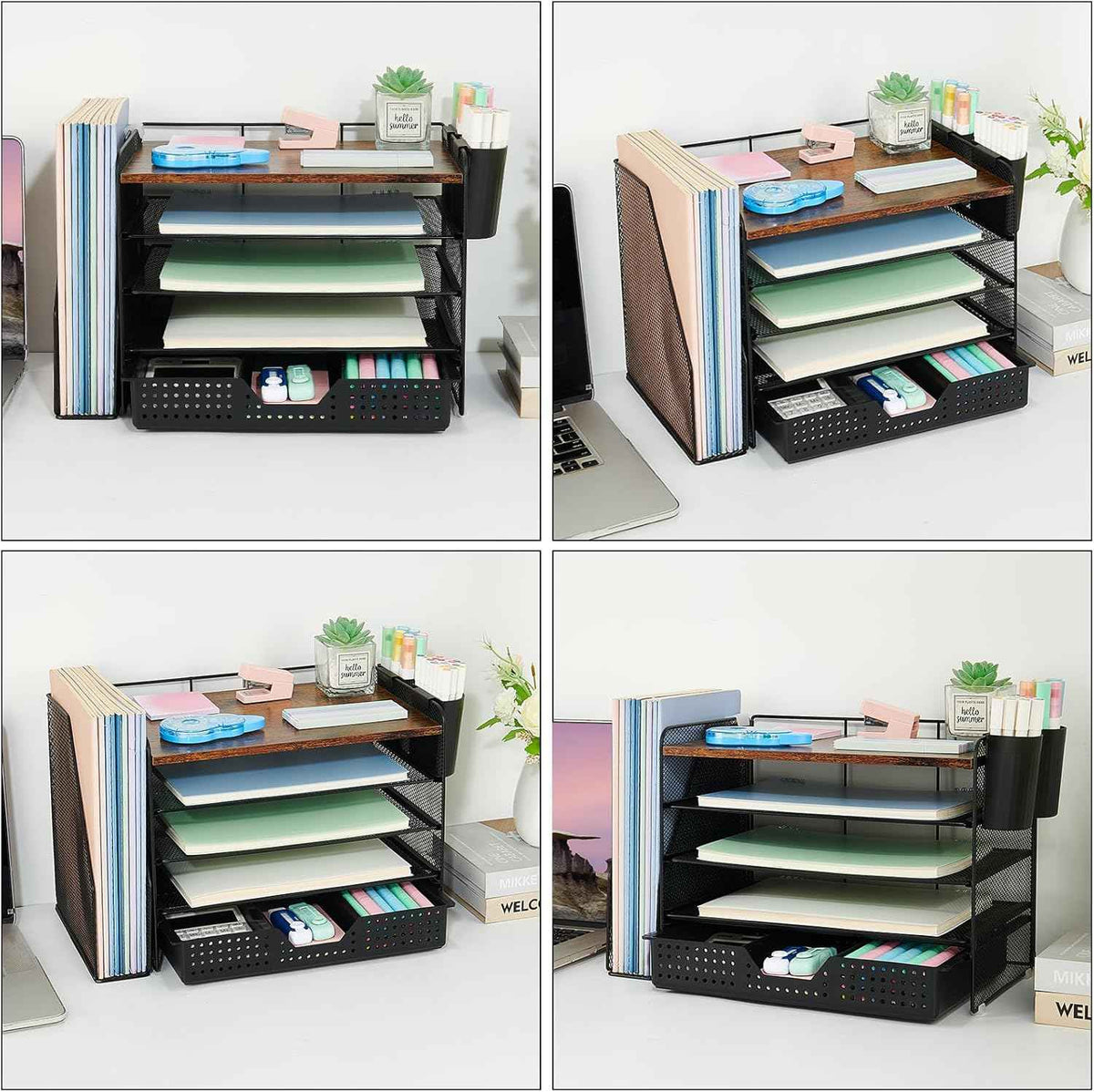 Desk Organizer, 5-Tier Desktop File Organizer with Drawer and Pen Holders, Office Desk Accessories, File Sorters, Workspace Organizers for Office Supplies(Wood)