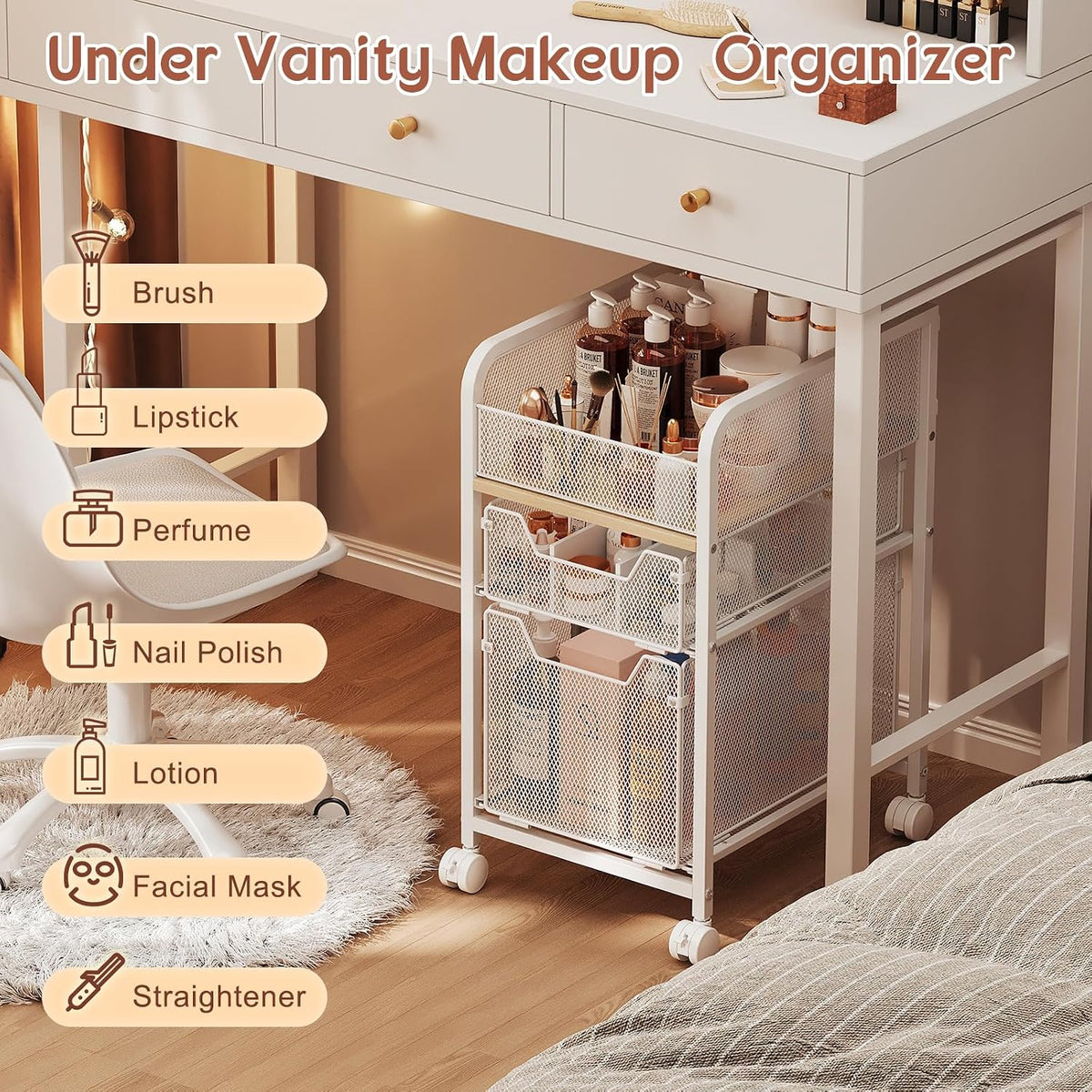 Hongtamoya Rolling Makeup Cart Organizer with 2 Drawers, Under Desk Storage | Narrow Floor Skincare Organizers, Vanity Organizer Cosmetics Display Cases Holder for Nail Polish Perfume Makeup Brush, White - Field & Nook