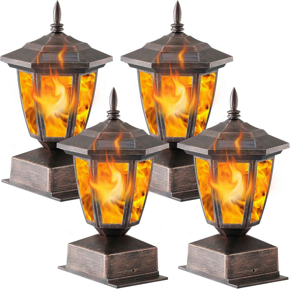 Dynaming 4 Pack Solar Flame Post Lights Outdoor, Solar Powered Lamps Fence Post Cap Lights, Flickering Flame LED Lantern Waterproof for Garden Deck Patio, Fit 4x4, 5x5 or 6x6 Wooden Posts, Bronze