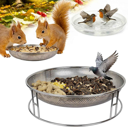 13-Inch Ground Bird Feeder and Bath Combo, Stainless Steel Ground Feeding Platform for Birds & Squirrels, with Dual Birdseed Mesh Trays, Birdbath, Attracting Creatures to Backyard, Patio