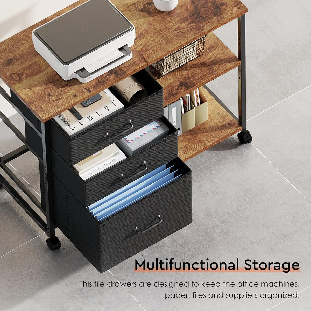 3 Drawer File Cabinet with Wheels Rolling Printer Stand with Open Storage Shelf Fabric Lateral Filing Cabinet for Home Office,Rustic Brown - Field & Nook
