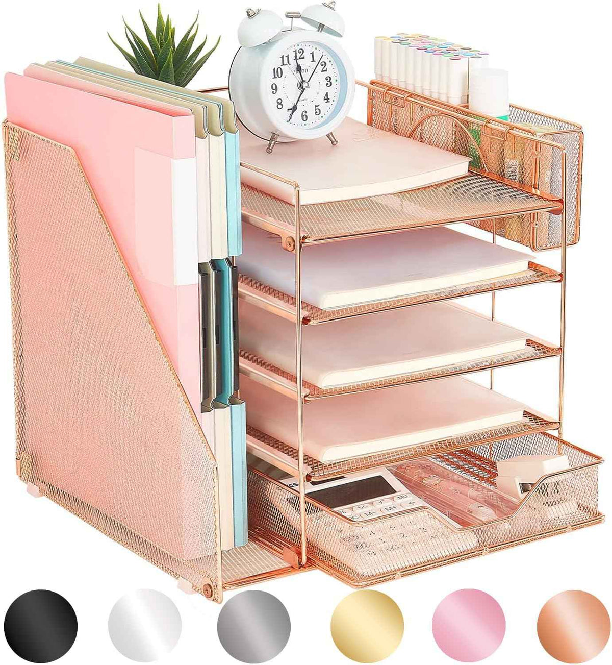 gianotter 5-Tier Paper Letter Tray Organizer with File Holder, Desk Organizer with Drawer and Pen Holder, Mesh Desktop Storage with Magazine Holder for Office Supplies (Rose Gold)