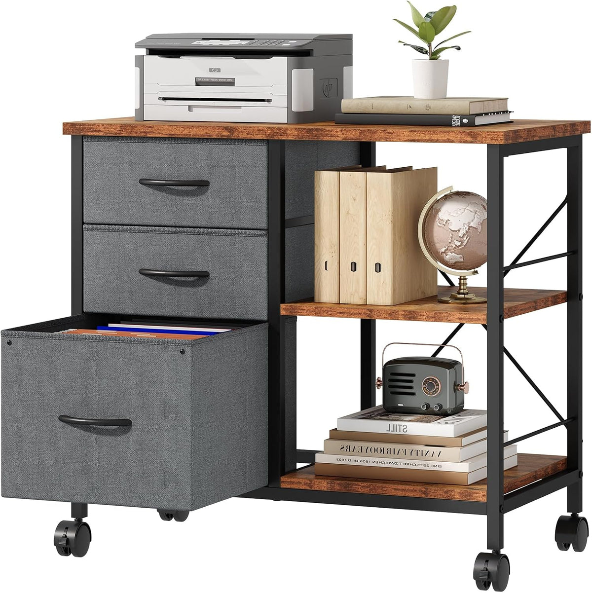 DUMOS 3-Tier Mobile File Cabinet, Rolling Printer Stand with Storage | Fabric Lateral Filing Cabinet fits A4/Letter Size, Under Desk Drawer Cabinet, Printer Cart for Home Office, Gray - Field & Nook