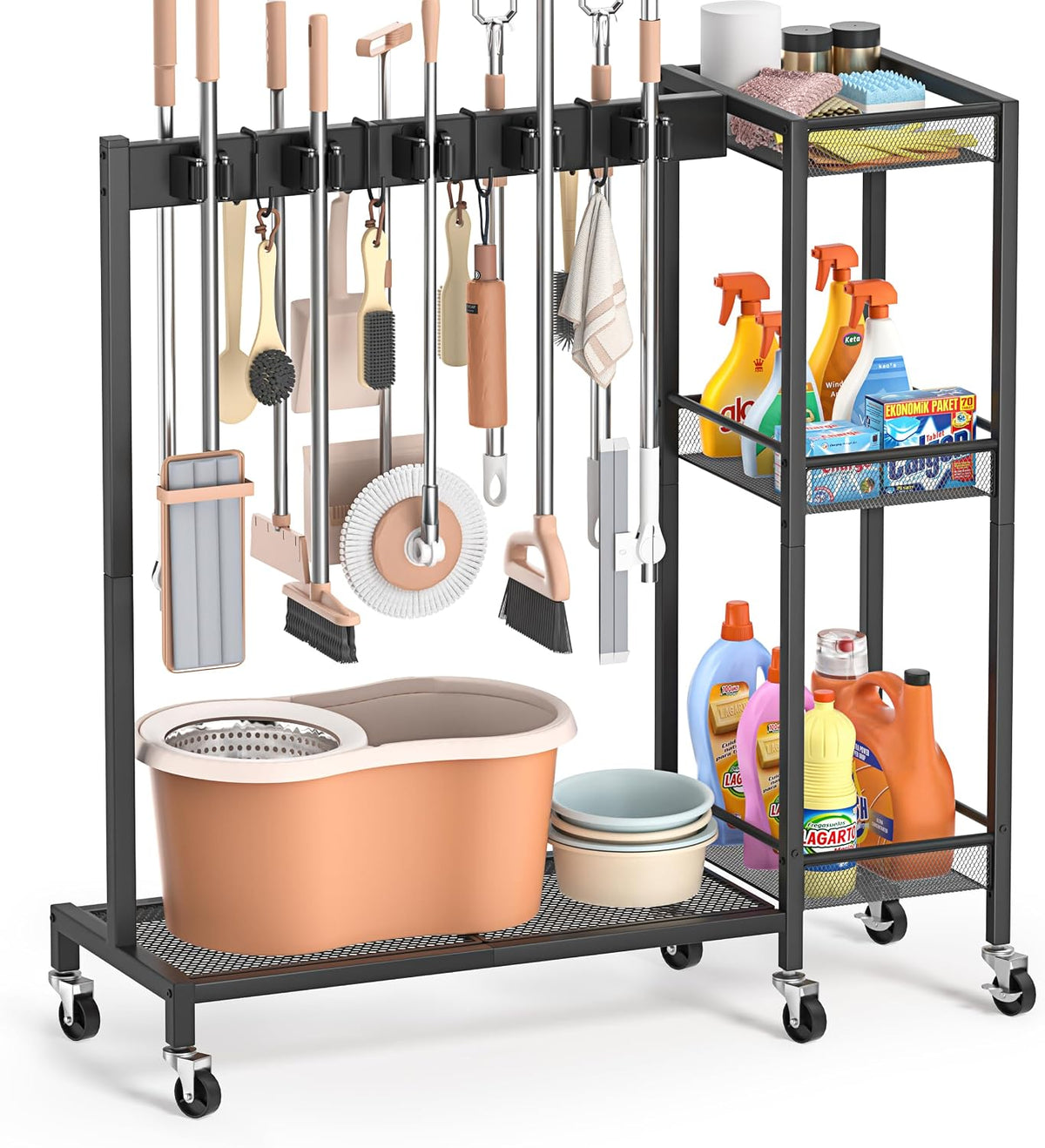 Broom Holder with Cleaning Supplies Organizer – Janitorial Housekeeping cart - Field & Nook
