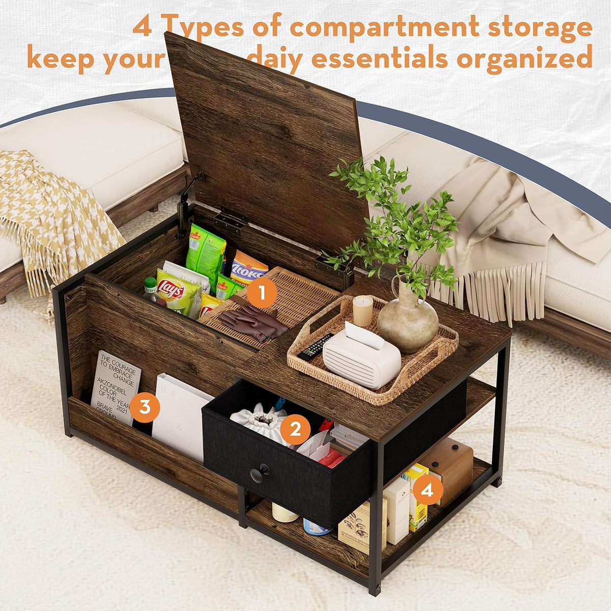 SINPAID Coffee Table with Hidden Storage, Walnut