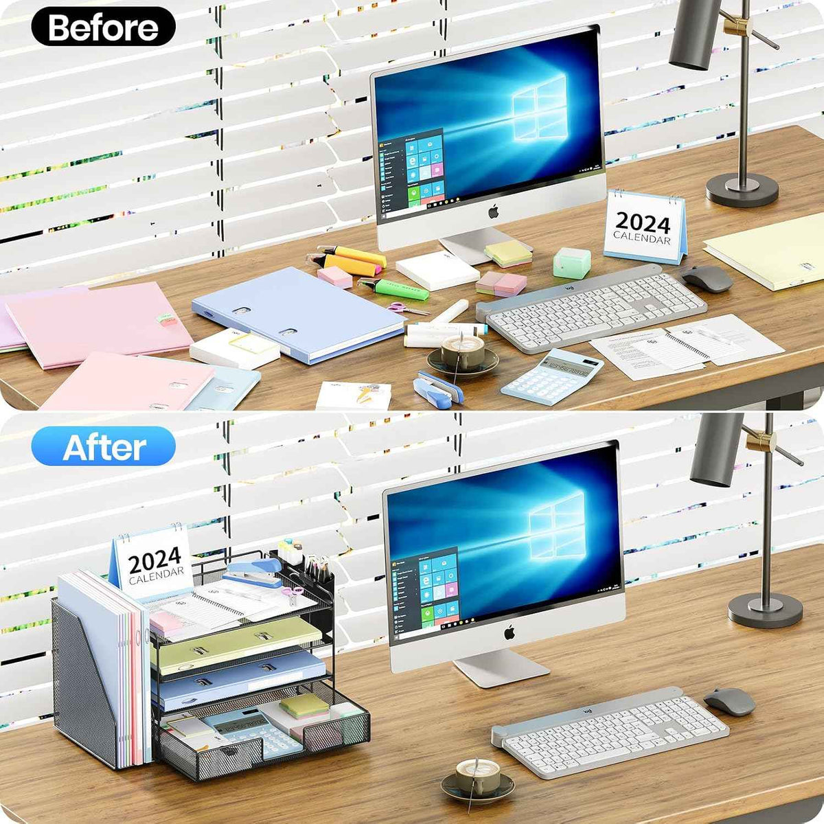 Desk Organizer, 4-Tier Desktop File Organizer with Drawer and Pen Holders, Office Desk Accessories, File Sorters, Workspace Organizers for Office Supplies(Black)