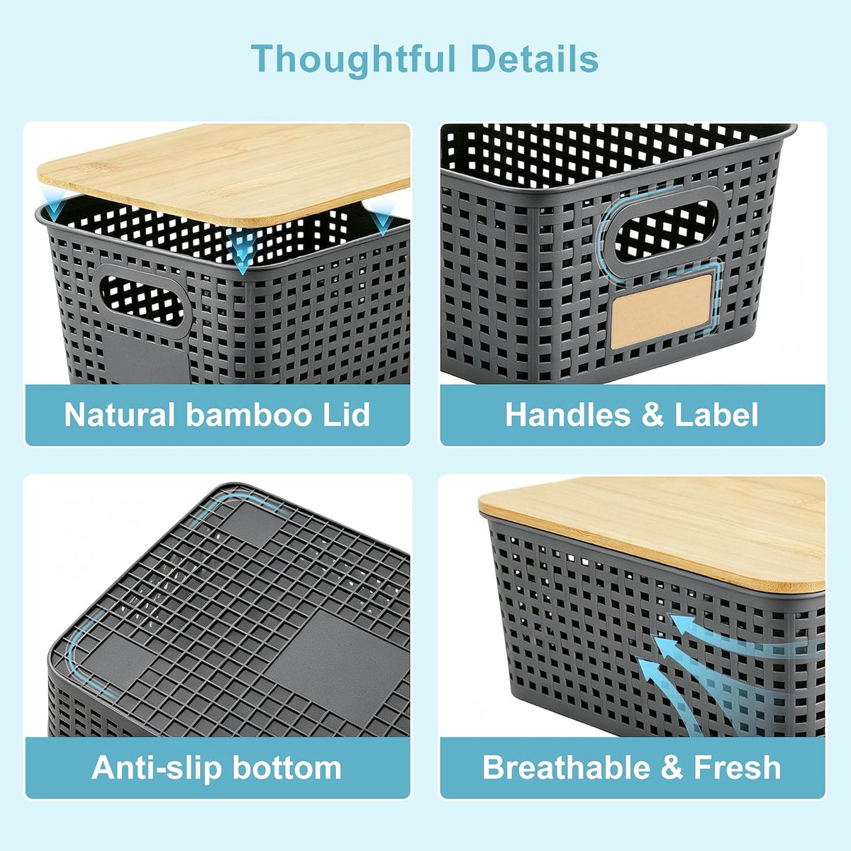 Small Plastic Storage Bins with Bamboo Lids 5.2qt Stackable Box Basket Pantry Decorative Containers Cute with Lable for Organizing Desktop Closet Office Gray of 6 packs 10 * 7.2 * 4.1" - Field & Nook