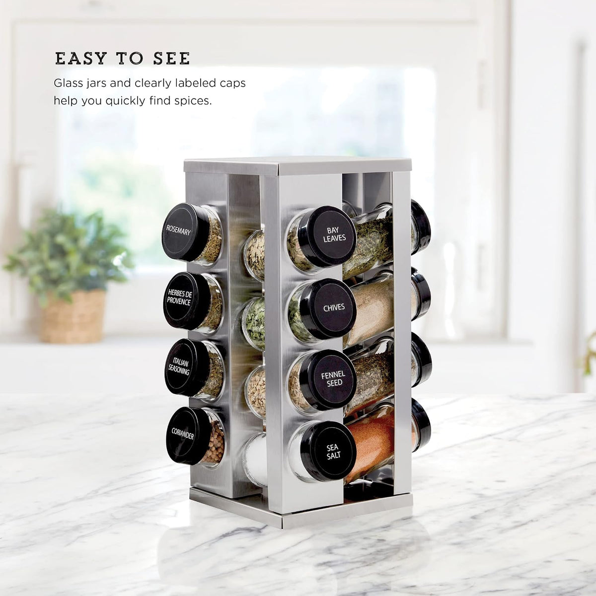 Kamenstein 16 Jar Heritage Revolving Countertop Spice Rack Organizer with Spices Included, FREE Spice Refills for 5 years, Brushed Stainless Steel with Black Caps - Field & Nook