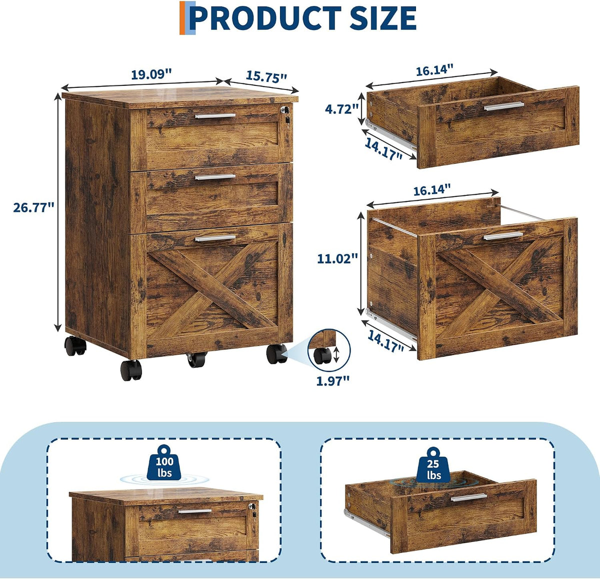 3-Drawer Rolling File Cabinet with Lock - Wooden Mobile Filing Cabinet for Home Office, Under Desk Storage Organizer fits Letter/A4/Legal Size, Sturdy Printer Stand with Locking Casters, Rustic Brown - Field & Nook