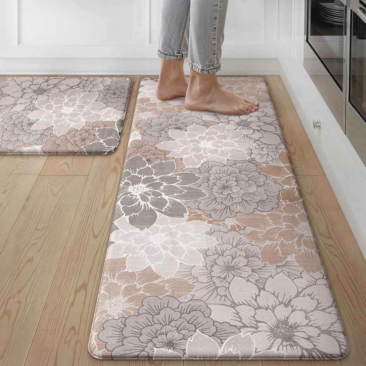 GENIMO Anti Fatigue Kitchen Mats for Floor 2PCS, Cushioned Standing Mats | 17.3"x47"&17.3"x30", Taupe Grey vintage floral rug set, waterproof, non slip, easy-clean for farmhouse